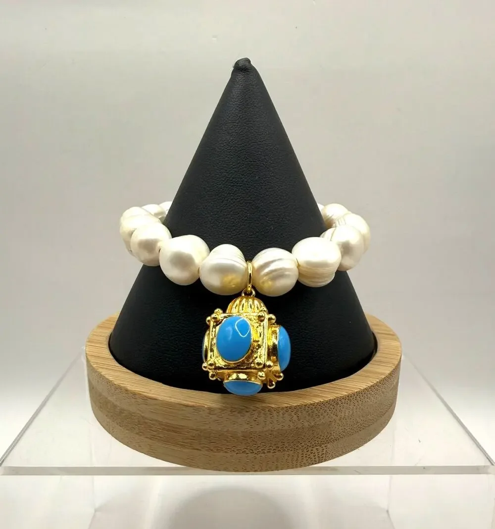 Mary Caroline Freshwater Pearl Stretch Strand Bracelet W/Lantern Charm